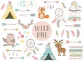 ÃÂ¡ollection of hand-drawn boho style icons. The image of animals, arrows, feathers, flowers, wigwam, dreamcatcher. Royalty Free Stock Photo